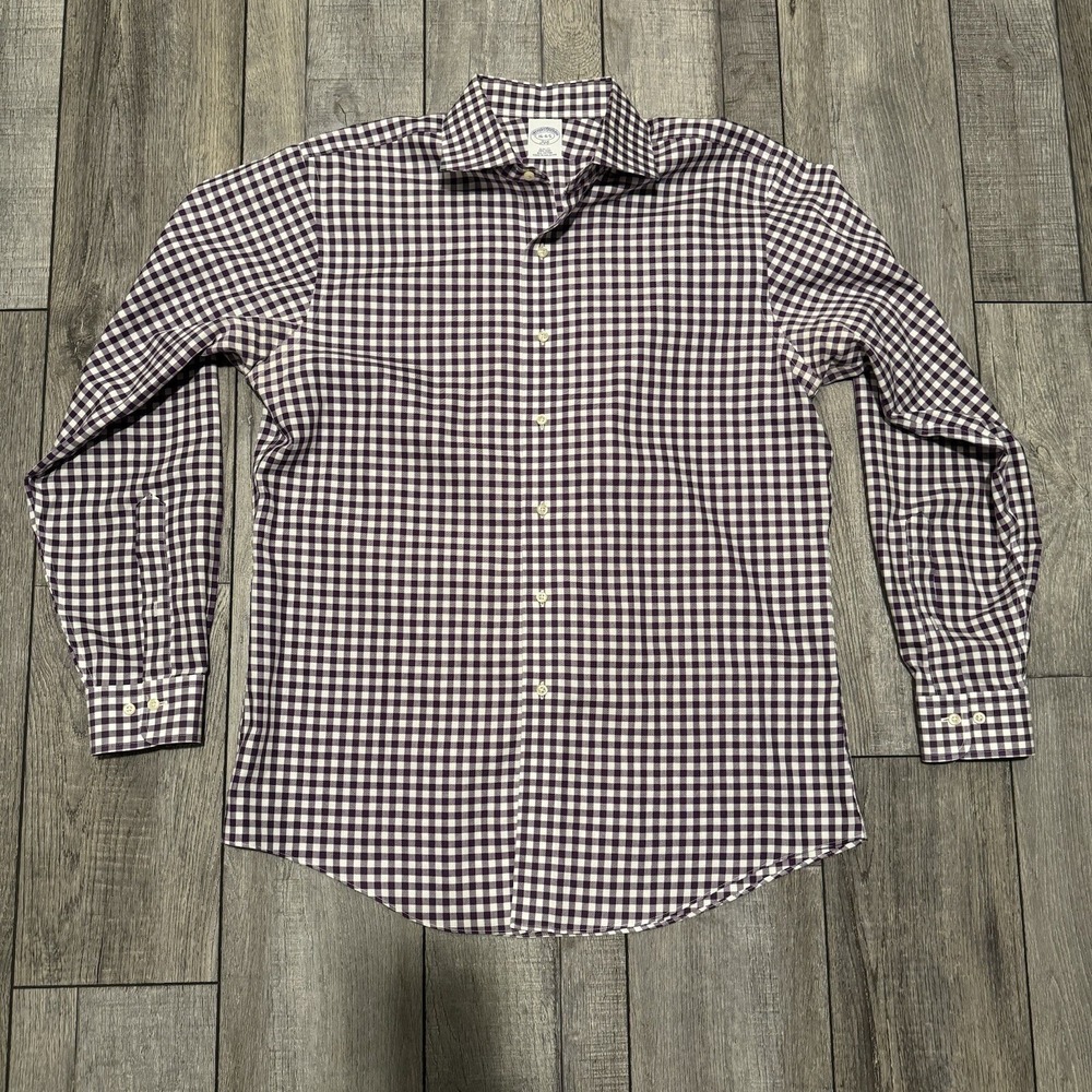 Brooks Brothers 346 Shirt Mens Slim Fit Gingham Check Purple 16 34/35 EXCELLENT